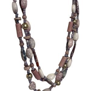 3 Strand Southwestern Beaded Etched Gemstone Purple Pink White Sterling Necklace